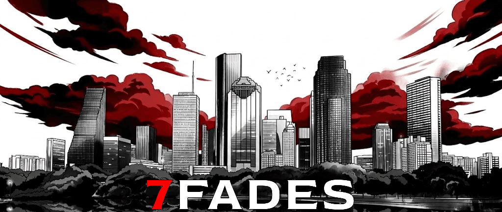 Houston skyline mural in manga anime style with 7Fades lettering